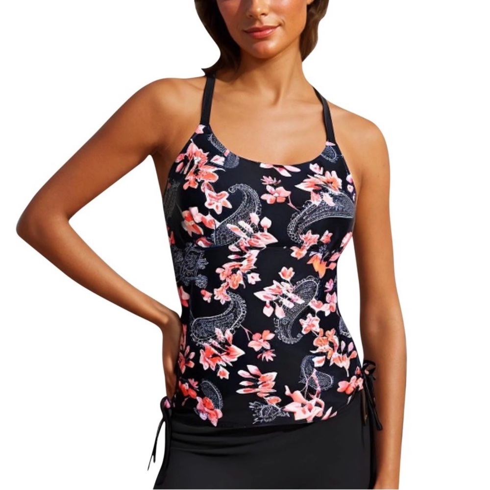 Women's Black Floral Swim Top